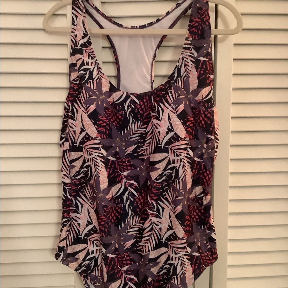 Nicole Miller Studio Tropical Racerback 1 piece swimsuit- Pink, purple & black.